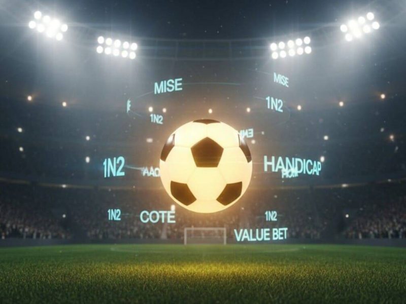 Lexique des paris sportifs illustré par un ballon de football lumineux dans un stade avec des termes de paris.