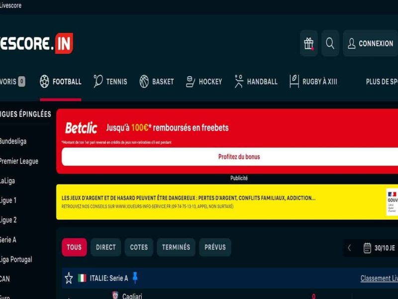 Interface de l'appli Livescore