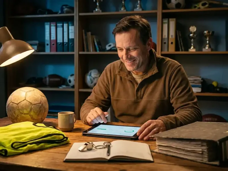 Tresorier de club sportif utilisant une tablette pour gerer la gestion numerique et les logiciels de club en 2026