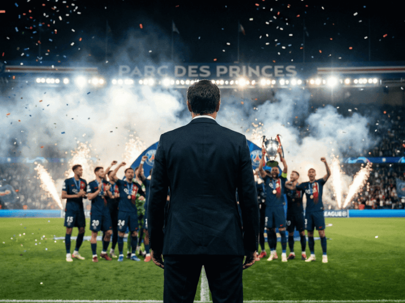 Luis Enrique célébrant la victoire du PSG en Ligue des Champions 2025 au Parc des Princes.