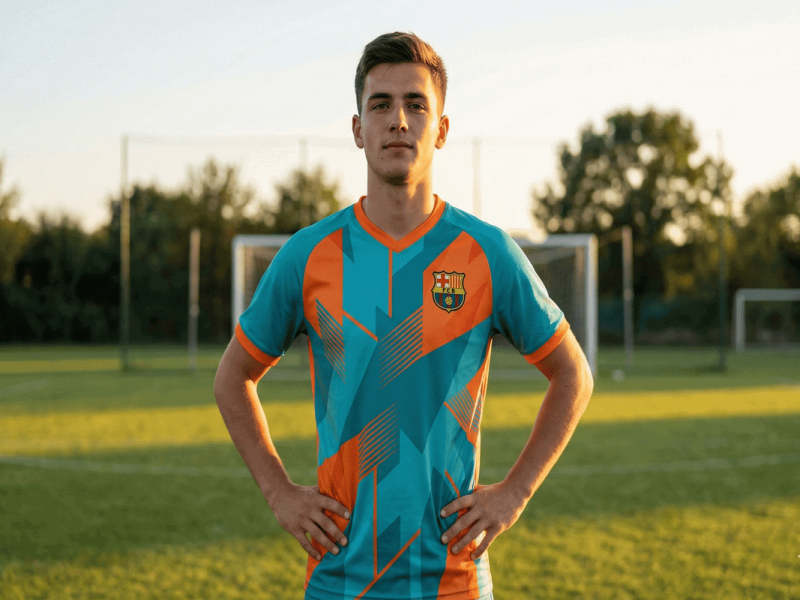 Joueur de football amateur portant un maillot personnalisé unique sur un terrain.