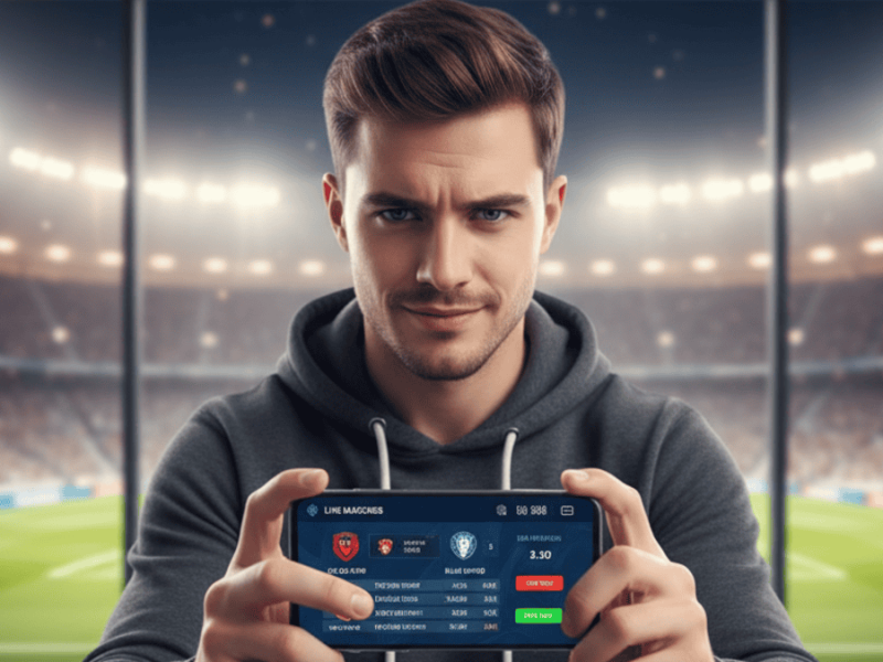 ersonne choisissant un site de paris sportifs sur son smartphone avec un stade de football en arrière-plan.