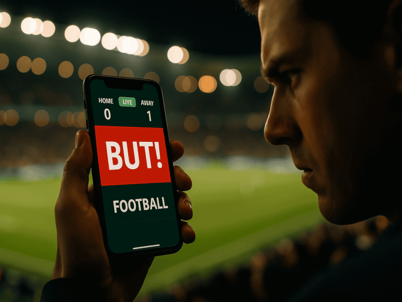 Un parieur sportif consultant une application de score de football en direct sur son smartphone pendant un match.