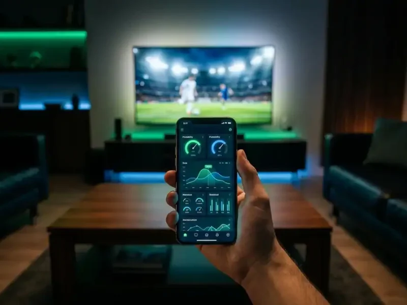 Personne consultant une application de pronostics sportifs sur smartphone devant un match de foot dans un salon moderne.
