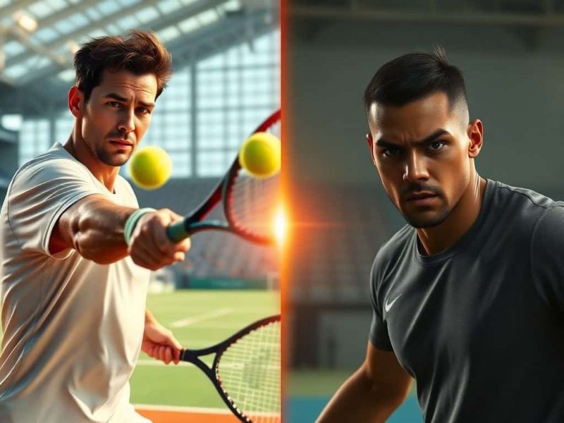 Comparaison des meilleurs jeux de tennis réalistes en 2025, montrant un joueur dans un stade moderne et un autre sur un court plus simple