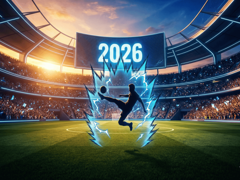Illustration futuriste d'un joueur de foot dans un stade pour le top des animes de 2026.