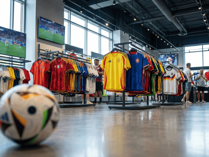 Rayons d'un magasin spécialisé proposant des maillots de football 2026 officiels