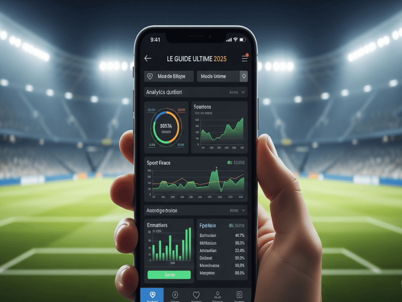 Smartphone affichant des graphiques d'analyse de paris sportifs devant un stade de football illuminé, pour un article sur les meilleurs sites de pronostics en 2026.