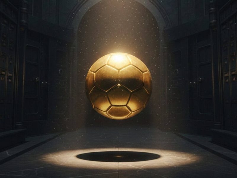 Ballon de football en or brillant flottant à l'intérieur d'un coffre-fort sombre symbolisant la richesse du mercato.