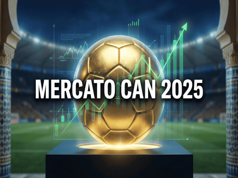 Illustration conceptuelle du Mercato Hiver 2026 durant la CAN 2025 au Maroc avec un ballon d'or et des graphiques.