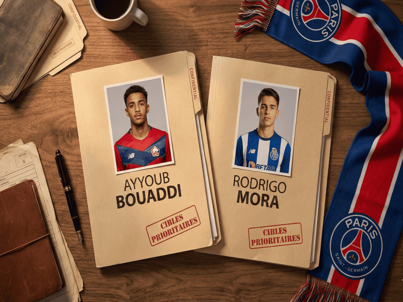 Bureau de recruteur du PSG avec les dossiers confidentiels des joueurs Ayyoub Bouaddi et Rodrigo Mora.