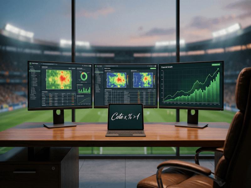 Investisseur analysant des statistiques de football pour calculer un value bet.