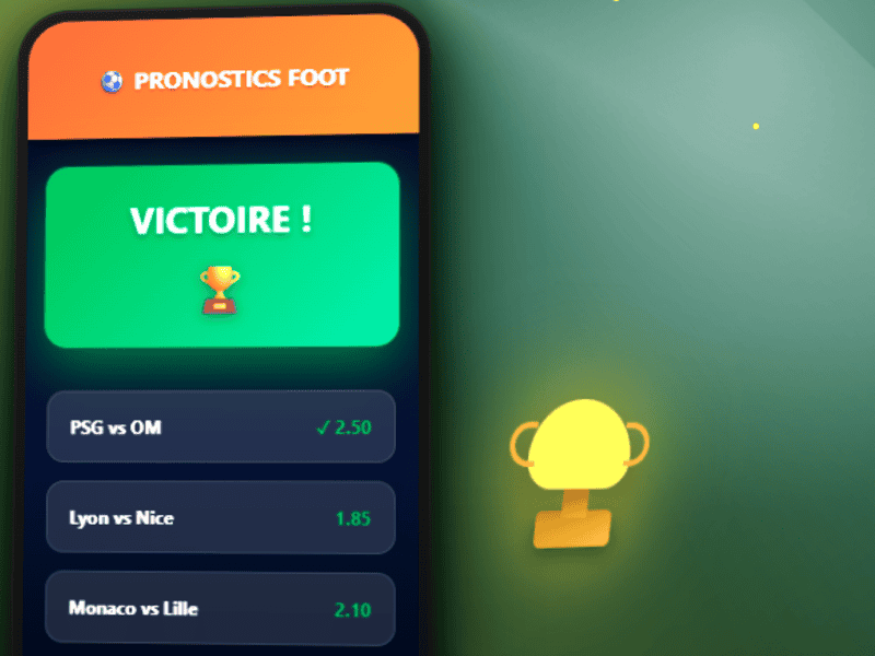 Guide ultime Mon Petit Prono avec un smartphone affichant une victoire et un trophée dans un stade de football