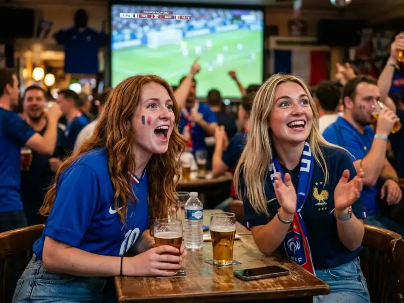 Supportrices françaises en maillot bleu suivant le Mondial 2026 dans un bar pour parier sur le foot.