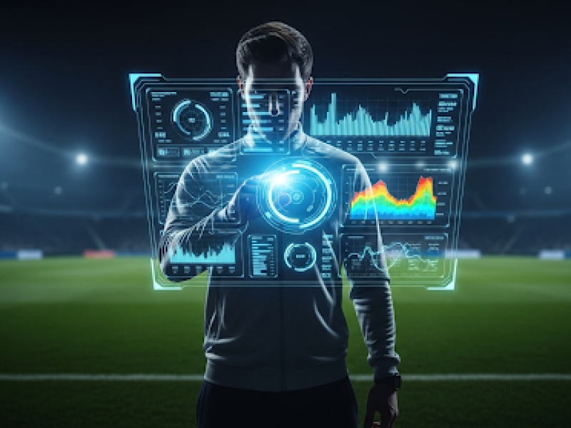 Un entraîneur de football analysant des données statistiques sur un écran holographique au bord d'un terrain, illustrant la stratégie Moneyball