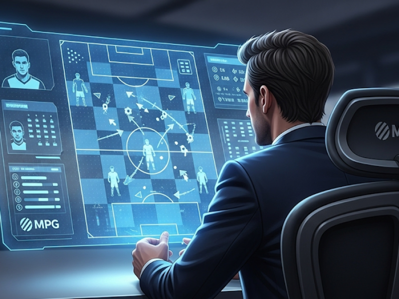 Un manager de MPG analysant une stratégie sur un tableau tactique holographique pour le Mode Expert