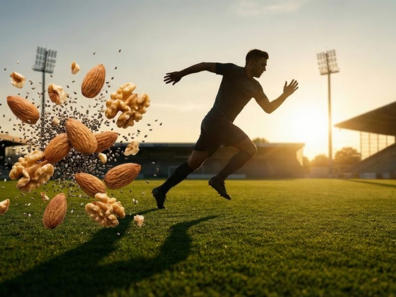 Footballeur en plein sprint illustrant l'énergie explosive apportée par les noix et graines