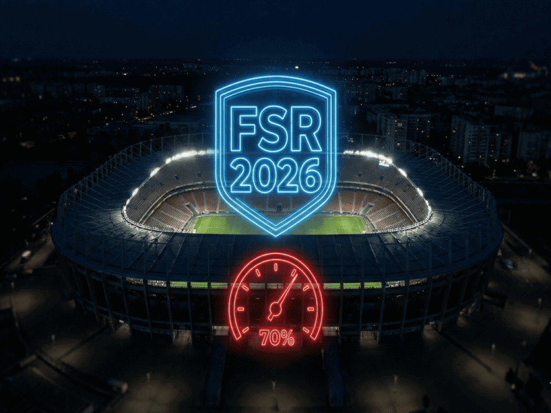 Illustration du nouveau règlement FSR de l'UEFA dans un stade de football avec la mention 70%.