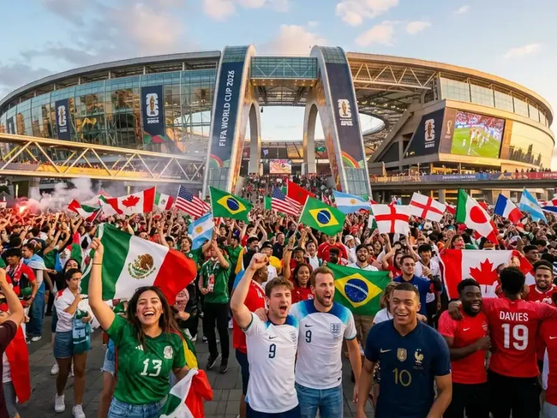 Supporters de football devant un stade moderne pour la Coupe du Monde 2026 et son nouveau format.