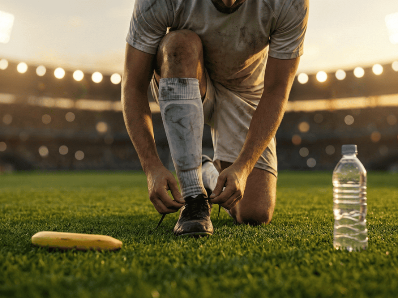 Footballeur amateur se préparant sur un terrain gazonné avec une bouteille d'eau et une collation saine au premier plan.