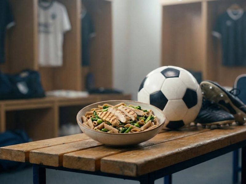 Repas équilibré d'un footballeur posé à côté d'un ballon et de chaussures à crampons dans un vestiaire