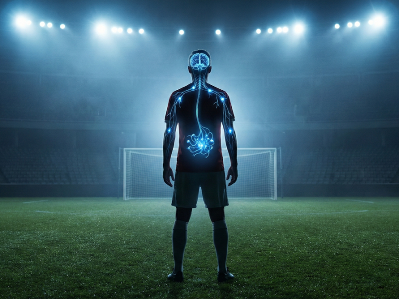 Silhouette d'un footballeur sur un terrain avec une visualisation artistique de la connexion nerveuse entre l'intestin et le cerveau.