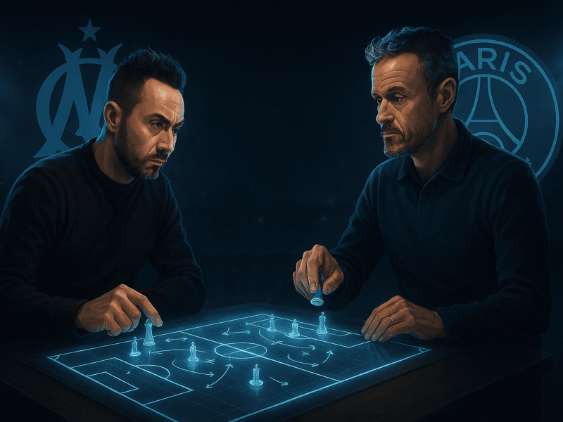 Illustration du duel tactique entre Roberto De Zerbi (OM) et Luis Enrique (PSG) pour le Classique 2025-2026