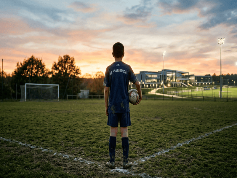 Un jeune footballeur français regarde vers l'horizon symbolisant le rêve d'intégrer un centre de formation professionnel.