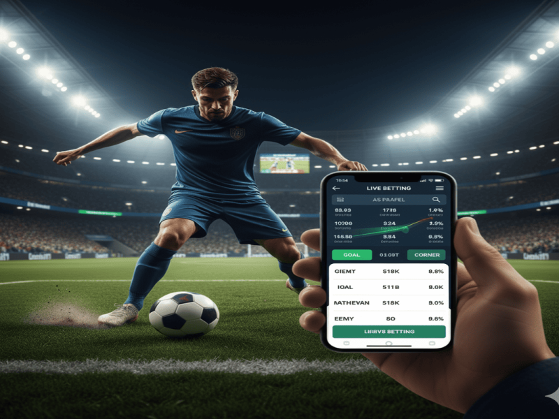 Stratégies de pari en direct sur le football pendant un match intense.