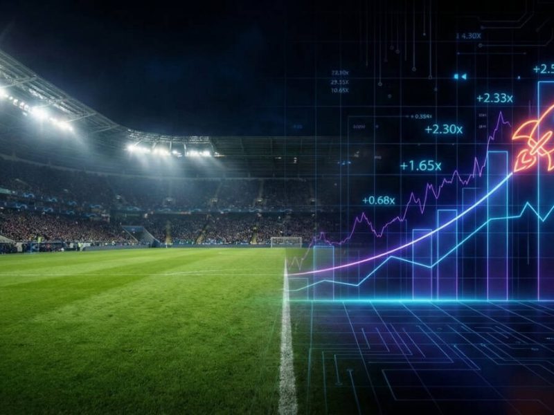 Illustration montrant la dualité entre un stade de football et une interface numérique de jeu de crash.