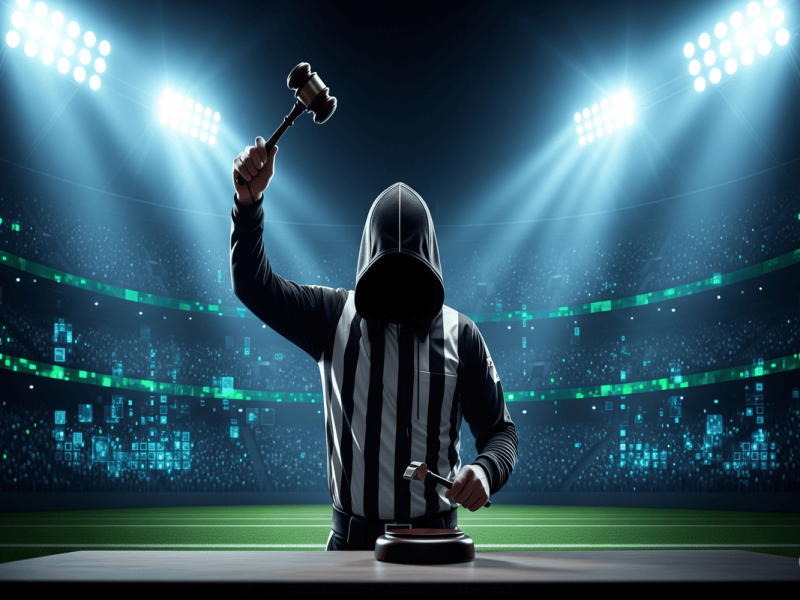 Illustration d'un arbitre à l'allure de juge tenant un marteau dans un stade de football, symbolisant le piratage comme juge de paix des droits TV.