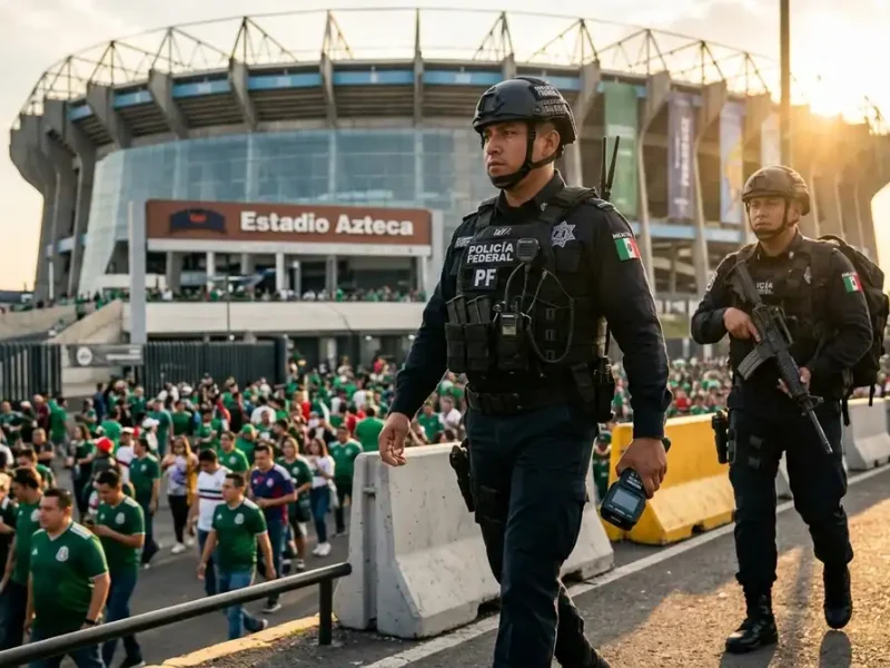Police mexicaine avec biométrie et brouilleur de drone devant un stade pour le plan de sécurité Mexique 2026.