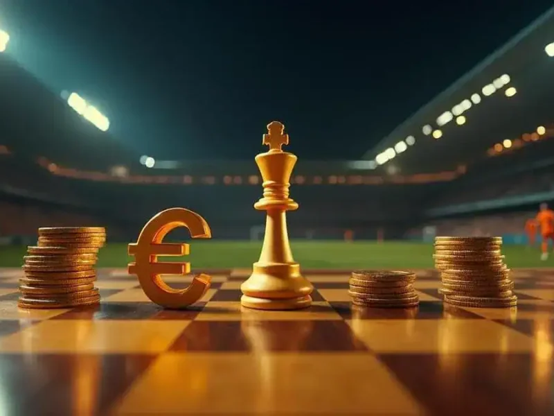 Illustration d'un joueur de football en pièce d'échec sur un échiquier financier, symbolisant la stratégie du prêt avec option d'achat obligatoire.