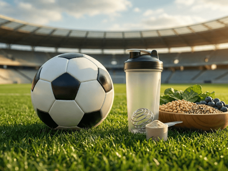 Ballon de football sur une pelouse à côté d'un shaker de protéines et d'aliments végétaux.