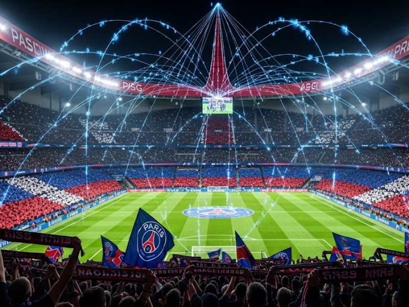 Le stade du Parc des Princes rempli de supporters du PSG, avec une surimpression de lignes de données illustrant la technologie d'analyse CrowdIQ