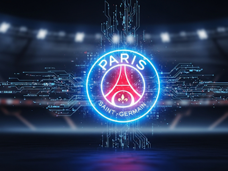 Illustration du logo du PSG au centre d'un univers technologique symbolisant le projet PSG Labs et le club du futur