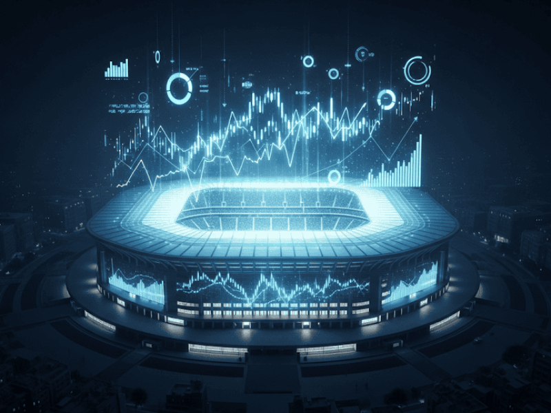 Analyse financière des recettes Matchday dans le football moderne avec un stade et des graphiques illustrant la croissance économique