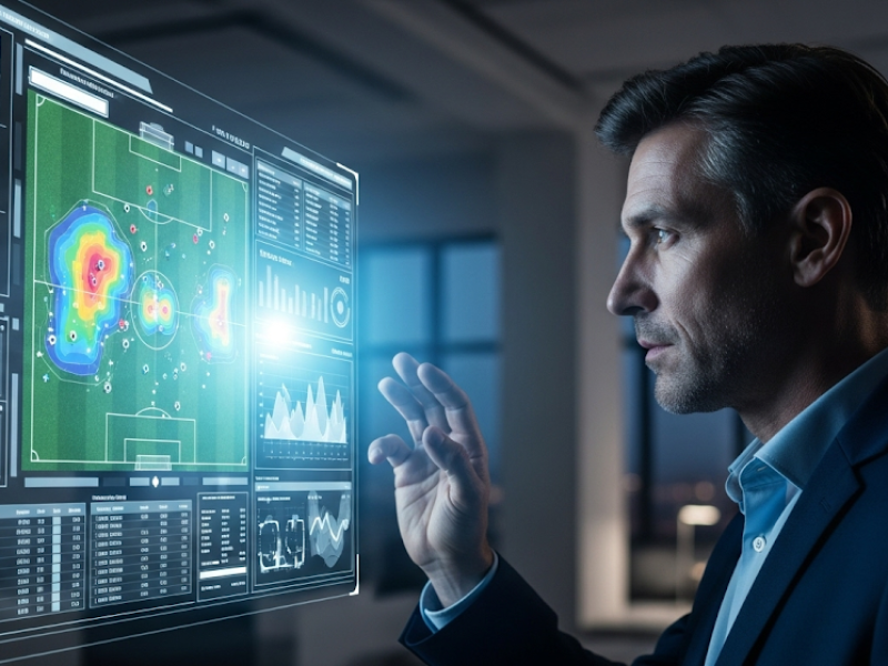 Un recruteur de football analysant des données de joueurs sur un écran holographique