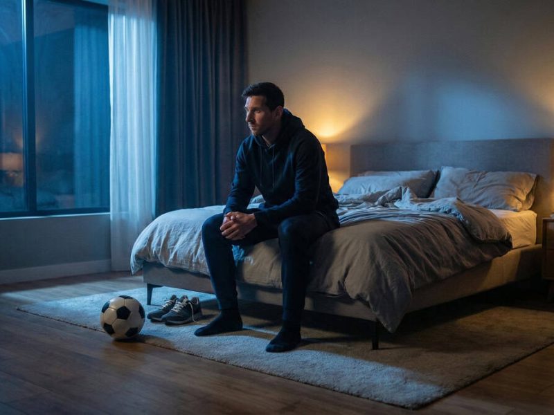 Footballeur professionnel assis au bord de son lit dans une chambre calme après un match de nuit, illustrant la récupération sportive.