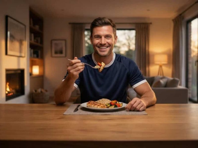 Footballeur souriant prenant un repas sain riche en glucides et protéines après un match.
