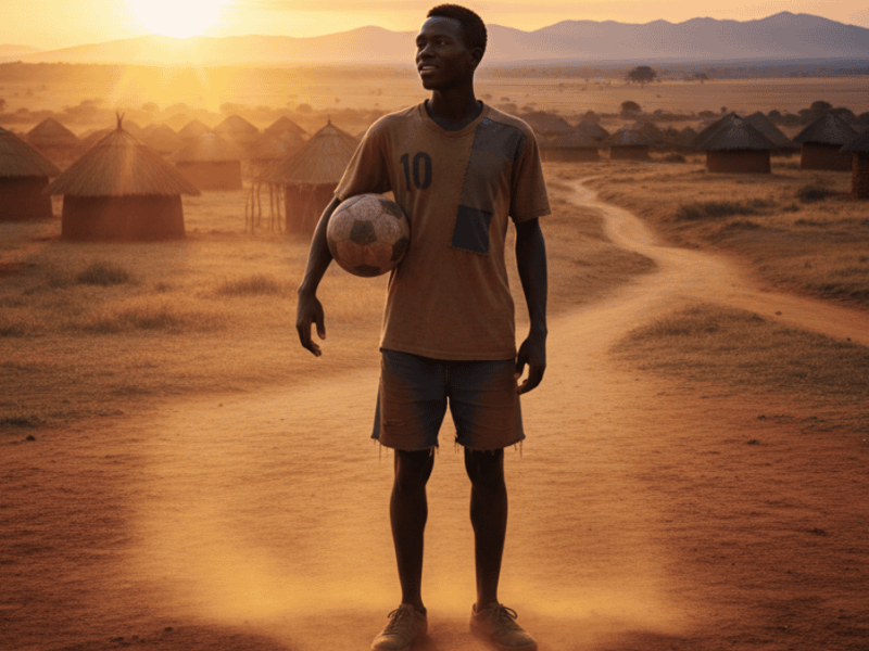 eune footballeur africain talentueux sur un terrain en terre, symbole des réseaux de scouting en Afrique.