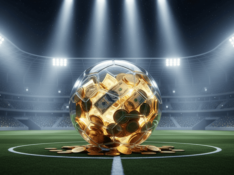 Un ballon de football en cristal rempli de pièces d'or et de billets, symbolisant les sources de revenu d'un club de foot