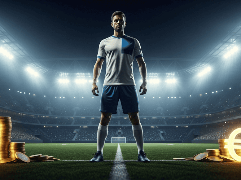 Un joueur de football dans un stade illuminé avec des symboles d'euros et des pièces d'or, illustrant les revenus du sponsoring dans le football