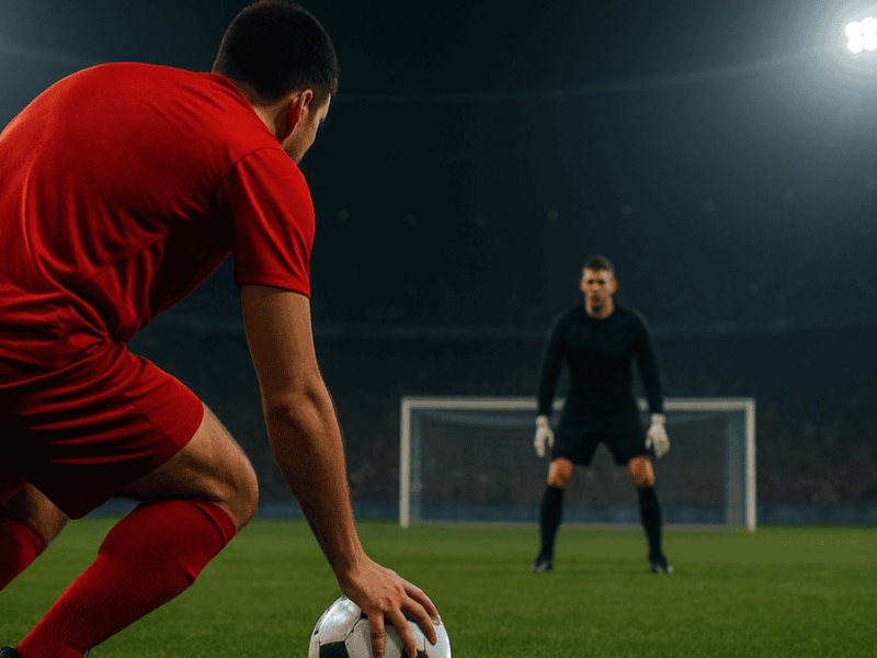Un joueur de football s'apprête à tirer un penalty face à un gardien de but concentré dans un stade illuminé