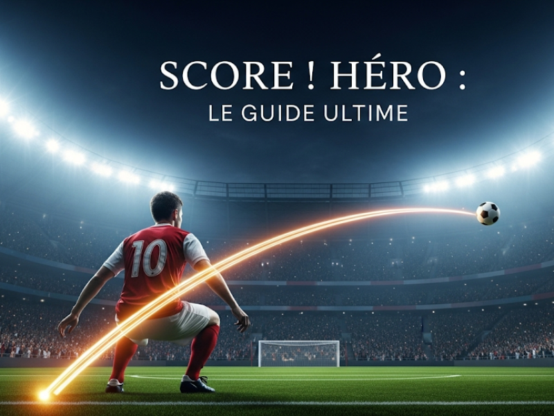 Image à la une de l'article guide sur Score! Hero, montrant un joueur s'apprêtant à tirer un but décisif avec la trajectoire du ballon illuminée