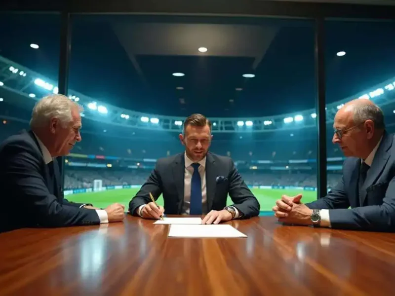 Photo d'un joueur de football signant un contrat onéreux, entouré de son agent et du président du club, symbolisant les négociations financières.