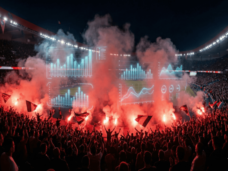 Tribunes de supporters ultras en ébullition avec superposition de données statistiques futuristes.