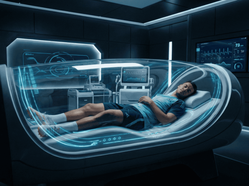 Footballeur professionnel en récupération dans une chambre technologique symbolisant l'importance du sommeil pour l'énergie