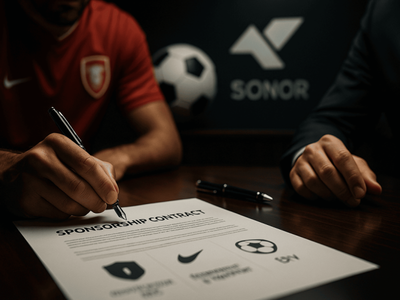 Joueur de football signant un contrat de sponsoring, illustrant la croissance des partenariats dans le sport.