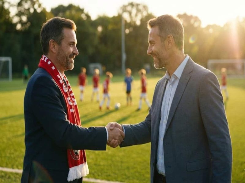 Président de club de foot amateur serrant la main d'un sponsor local.